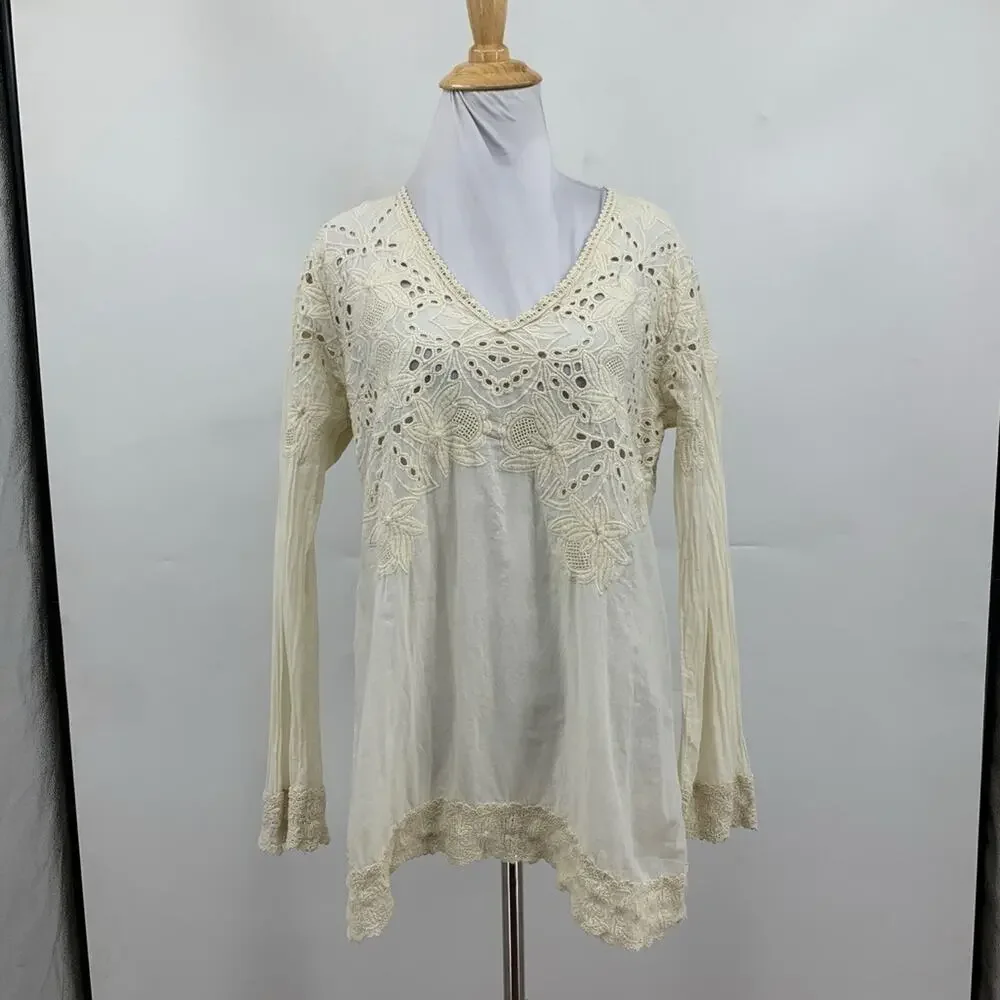 Johnny Was Blouse Womens S Small Ivory Cotton Embroidered Eyelet V Neck Tunic